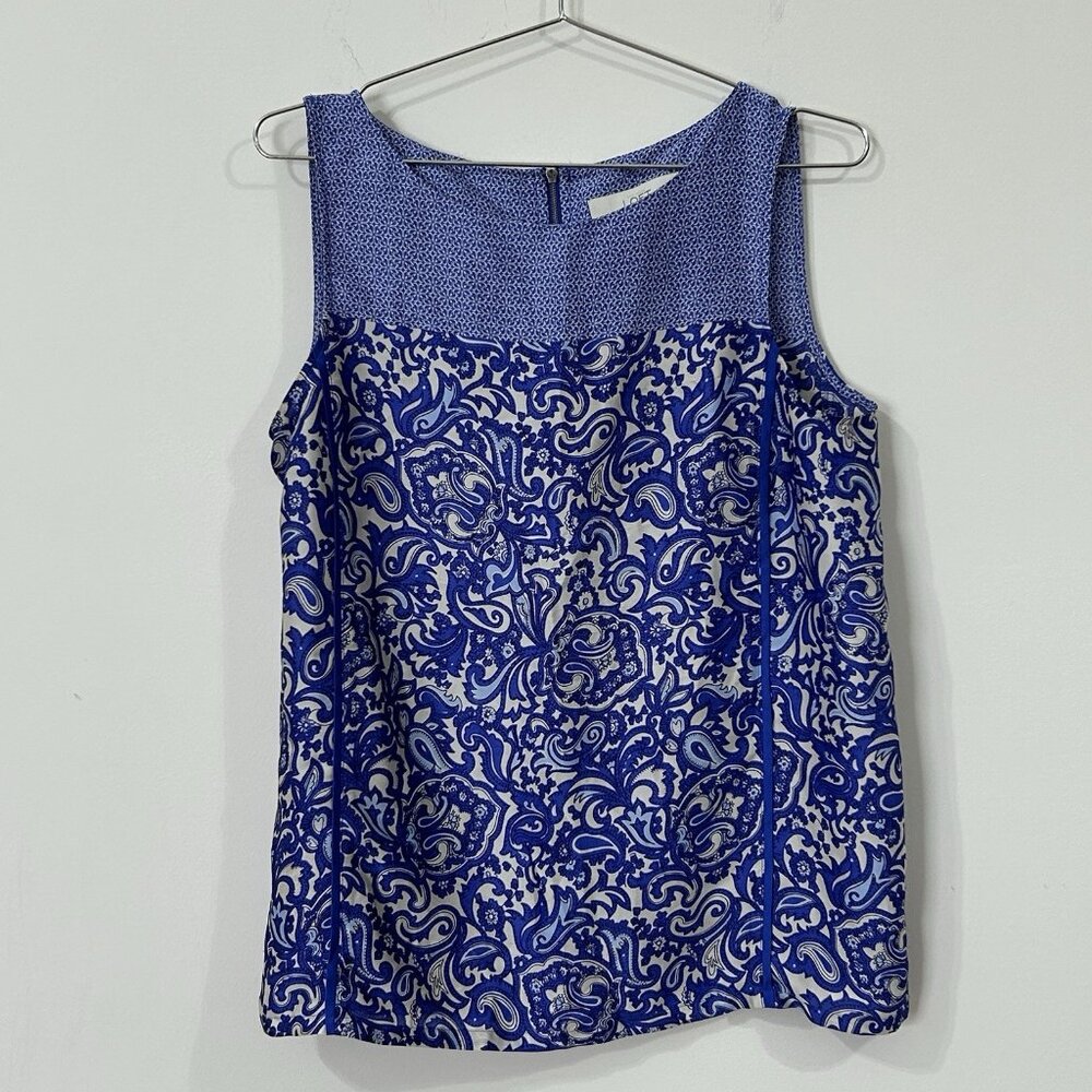 LOFT Blouse M Blue White Paisley Floral Sleeveless Lightweight Flowy Snagged